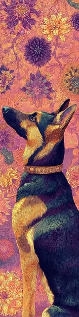 Free printable dog bookmark featuring looking left german shepherd on gold